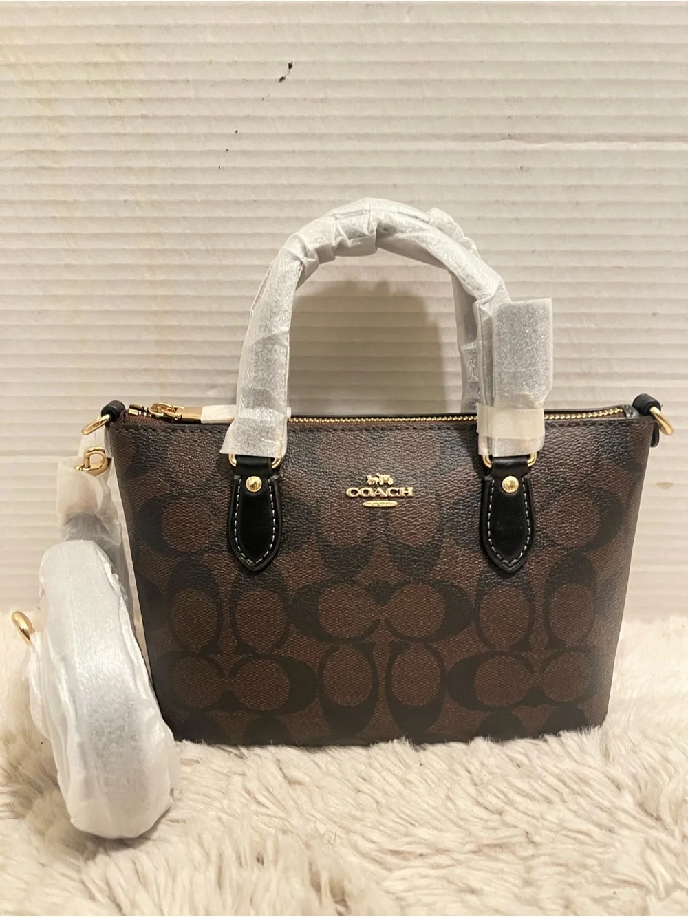 Coach Brown Signature Mini Gallery Satchel with Black Trim